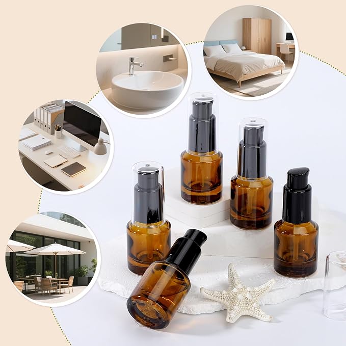 Segbeauty 0.5oz Empty Glass Refillable Travel Bottles, 5pcs Lotion Pump Bottle Dispenser, 15ml Amber Mini Empty Travel Size Bottles for Creams, Small Lotion Dispenser with Pump Liquid Container - Image 6