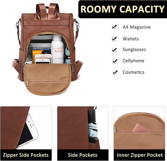 Convertible Backpack Purse for Women Anti Theft Nylon Backpack Brown | Hidden Back Zipper Opening, Compact Travel Size,PU Leather, Daypack for College Work, Fits 13-inch laptop - Image 4