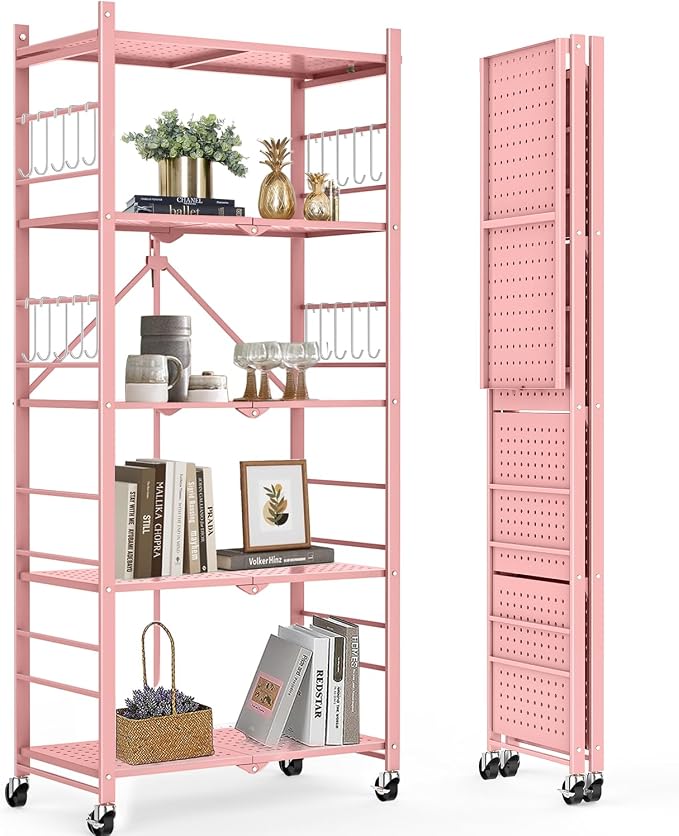 Himix 5-Tier Folding Storage Shelves with 20 Hooks Wheels Home Pink | Folding shelving units, Metal collapsible organization, Wire shelf, No assembly, Kitchen, Room, Holds 440 Ibs No assembly - Image 8