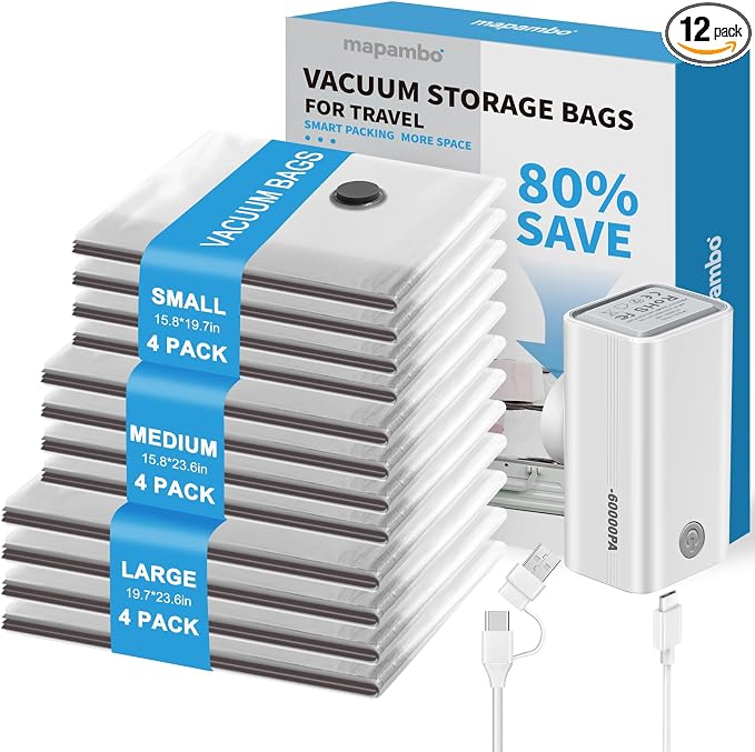 12 Pack Vacuum Seal Bags for Clothing Travel with -60000Pa USB Pump, Save 80% of Space for Clothes (12 Combo Size) by Mapambo