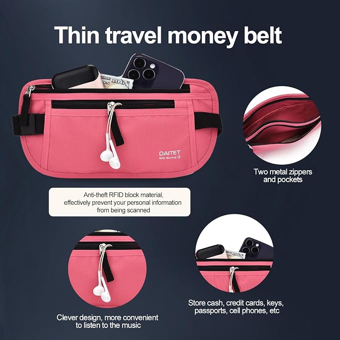 RFID Blocking Money Belt for Men Women, Slim Fanny Pack for Travel，Running,Conceal Waist Wallet for Passport Holder,Phone,Cash(Hot Pink) - Image 4