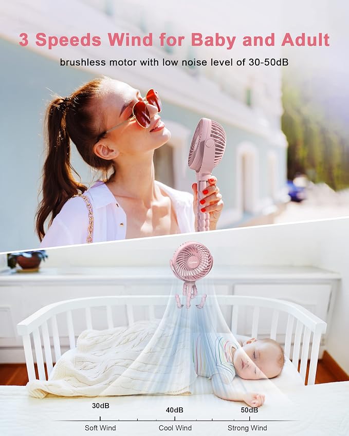 Coohea Clip on Stroller Fan, Rechargeable Long-Lasting Power Wind Fan, Pink | 4000mAh Battery Operated, 360° Rotatable Flexible Tripod, 3 Adjustable Speed, Portable Fan for Car Crib Backseat Beach Travel - Image 3