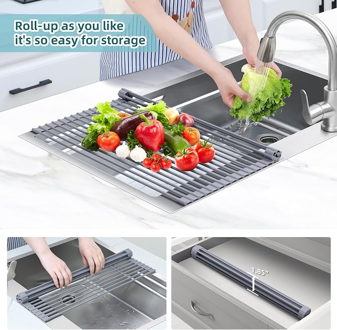 Ohuhu Sink Drying Rack, 20.5" W x 16.1" L Over The Sink Roll-Up Dish Drainer - Rolling Foldable Sink Accessories Heat-Resistant Mat Anti-Slip Silicone Coated Multipurpose for Kitchen Counter - Image 7