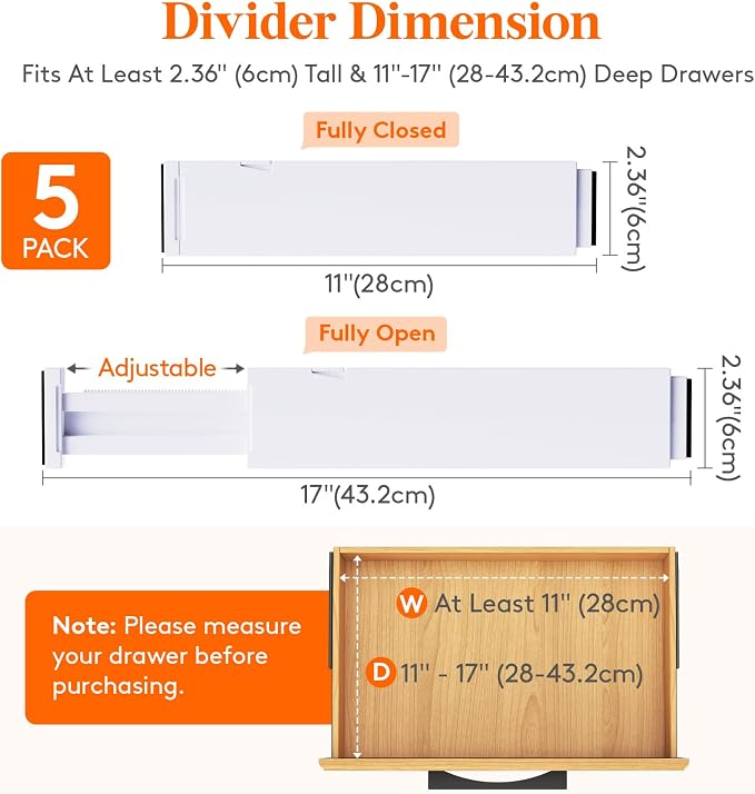 Lifewit 2.36" Upgrade Kitchen Drawer Dividers, Adjustable Drawer Organizer | 11"-17" Expandable White Drawer Separator for Clothes/Utensils, Dresser/Cabinet/Closet/Nursery Organization & Storage, 5 Pack - Image 3