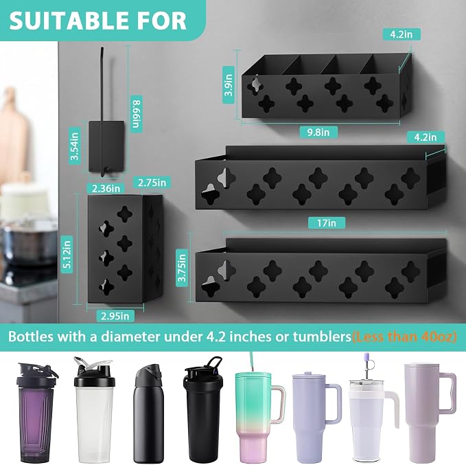 Magnetic Water Bottle Organizer for Fridge, Magnetic Cup Holder for 30 40 Oz with Tumbler Lid & Straw Organizer & Caffee Bar Holder, 8 Tumblers Kitchen Storage Rack for Cup Accessories, Space-Saving - Image 2