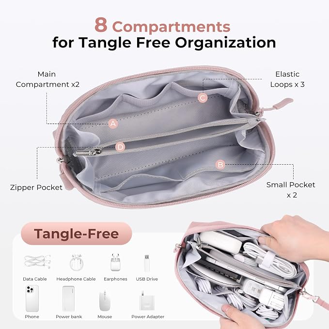 FYY Travel Cable Organizer - 8 Compartments, Lightweight, Water Repellent | With Wrist Strap, Portable Tech Pouch for Cord Charger, Travel and Business Trips Use, Soft Shell Nylon, Pink (Large) - Image 4