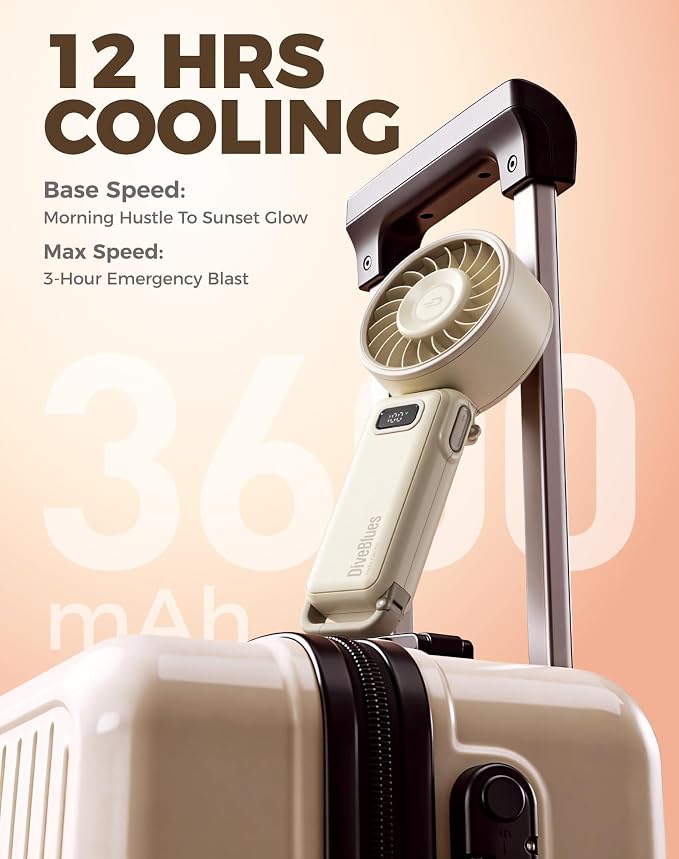 Diveblues Portable Handheld Fan D6036 Cream | 7.4m/s High Speed Turbo, 180° Foldable 4-in-1, Personal Neck Fan with Carabiner Clip, 100 Speed Stepless Control - Image 8