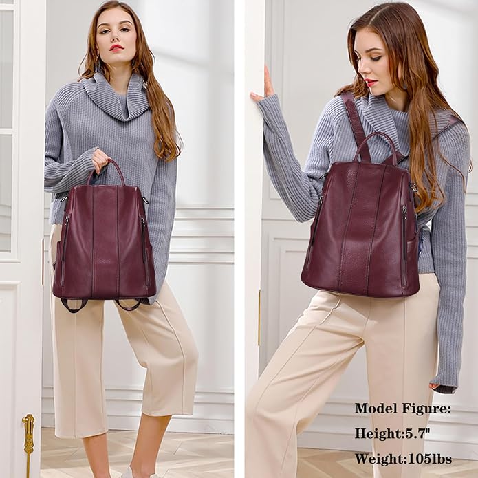 S-ZONE Leather Backpack Purses for Women Antitheft Rucksack Shoulder Bag Medium | Genuine Leather, Medium Fits 9.7-inch Tablet, for Work Travel Daily Commute, Multi Pockets, Adjustable Dual Straps - Image 2