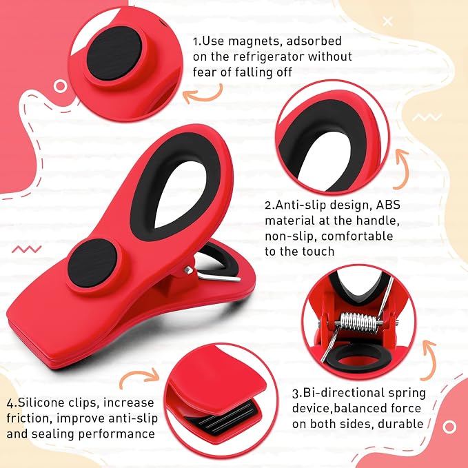 12 Pack Chip Clips, Magnetic Clips for Chips and Other Food Bags | Chip Clips Heavy Duty for Kitchen Food, Snack, Fridge, Office, Cloth Pins, with Airtight Seal Grip, Strong Hold Design, Red - Image 2