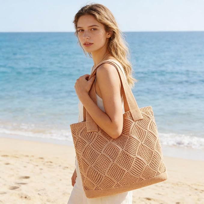 COOKOOKY Crochet Beach Tote bag Summer Beach Bag for Women Aesthetic Mesh Tote Bag Hippie Bag Knit Bag - Image 3