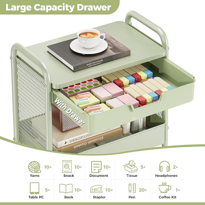KINGBOARD 3 Tier Metal Rolling Cart with Drawer, Green Utility Storage Cart | 2 Cups & 4 Hooks, Lockable Wheels, Trolley Organizer for Bathroom, Kitchen, Office, Nursery, Dorm, Laundry, Craft Room - Image 3