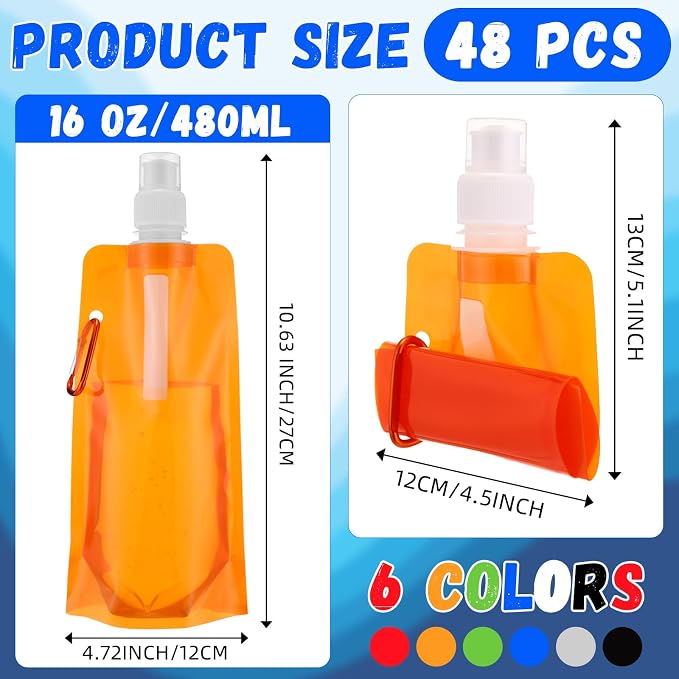 Teenyyou 48 Pack Collapsible Water Bottles Bulk 16oz Foldable Water Bottles with Carabiner Reusable Drinking Leak Proof Container Bags for Sport Biking Hiking Camping Travel Outdoor (Multiple Colors) - Image 2