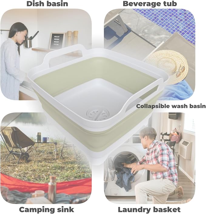 Collapsible Wash Basin for Baby Bottles - 2.4 Gallons Portable Wash Bin for RV Camping Sink, Space-Saving Dish Tub (Green) - Image 5