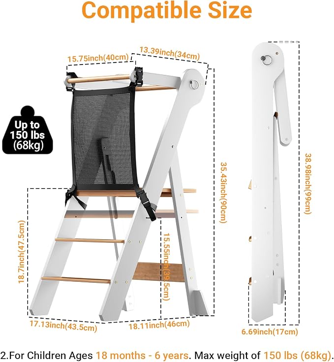 COSYLAND Toddler Standing Tower Foldable Toddler Kitchen Step Stool | Adjustable Height Folding Step Stool for Kids Learning & Cooking - Ages 18 Months to 6 Years with Safety Net Natural & White - Image 8