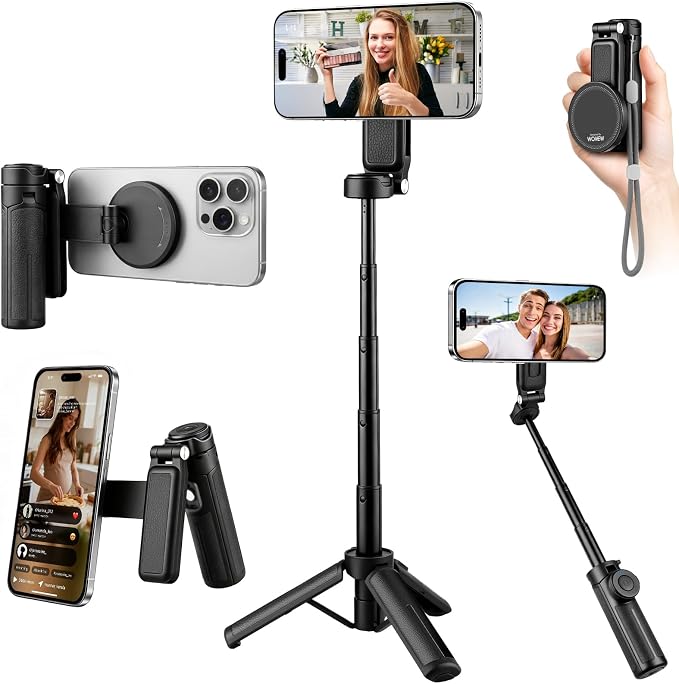 4-in-1 Magnetic Selfie Stick, Pocket Size 360° Rotation Phone Tripod | With Wireless Remote and Metal Ring, Extendable Cell Phone Stand Camera Grip Handle for Video Recording Travel Live Streaming by Suteng