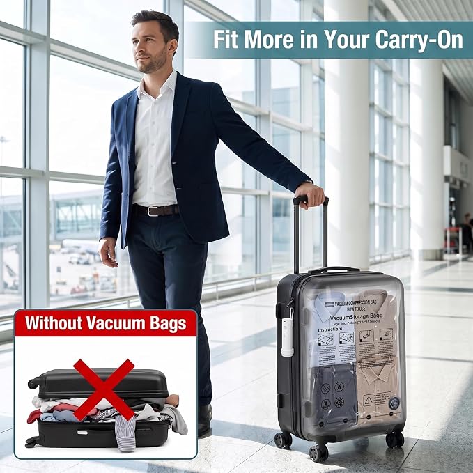 Vacuum Seal Bags for Clothing: Stay Sealed During Travel | Double Zip Seal One-Way Valve - 9-Pack Large Reusable Travel Vacuum Bags with Electric Pump - Strong Suction Air Out in 15s - Image 4