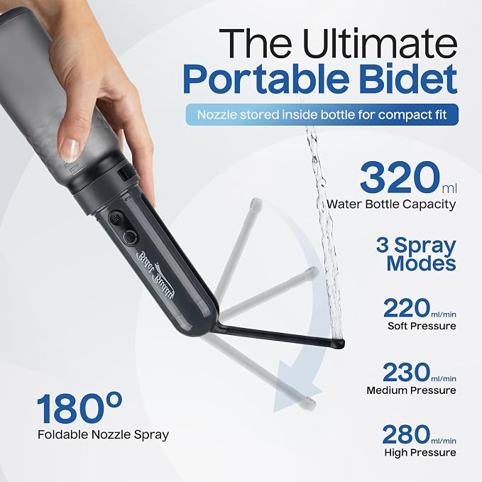 BIDET BUDDY® GoFlow Portable Bidet for Travel - 320mL Bottle Obsidian Drift | Adjustable Power Modes, Nozzle Wand, IPX7 Waterproof, USB - C Charging, 800mAh Rechargeable Battery, Medium Pressure - Image 5