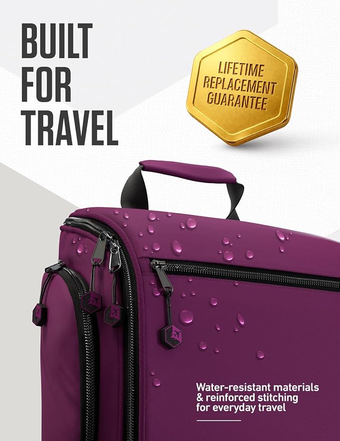 VENTURE 4TH Hanging Travel Toiletry Bag, 18 Compartments - Purple | Hangs on rails, hooks or doors; stands upright. Removable TSA pouch. Water-resistant Nylon 290D Twill, reinforced stitching. - Image 7