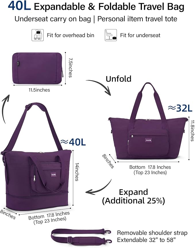 Hanke 40L Foldable Expandable Travel Tote Bag,Wet Dry Separation Laptop Weekender Carry On Bag for Travel Gym Beach Daily Use - Image 4