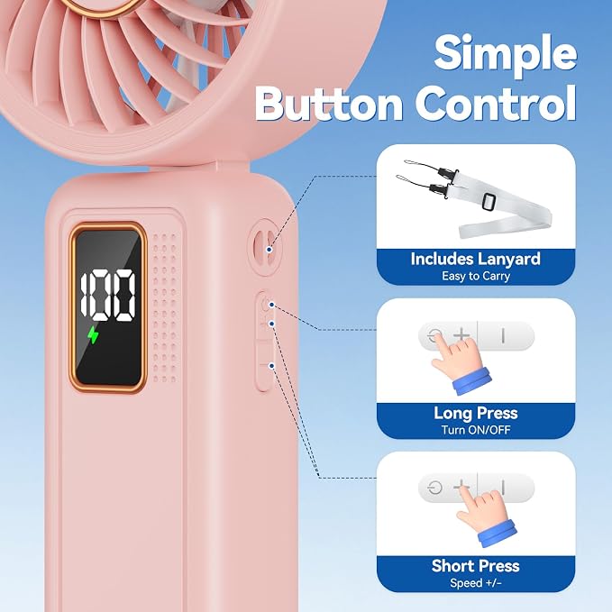 Handheld Fan, 5 Speed & 14H Cooling Time Portable Fan, 6000mAh USB Rechargeable Mini Fan with LED Display, Powerful but Quiet, Foldable Desk Fan, Lanyard for Neck Fan, Personal Fan for Travel/Office - Image 6