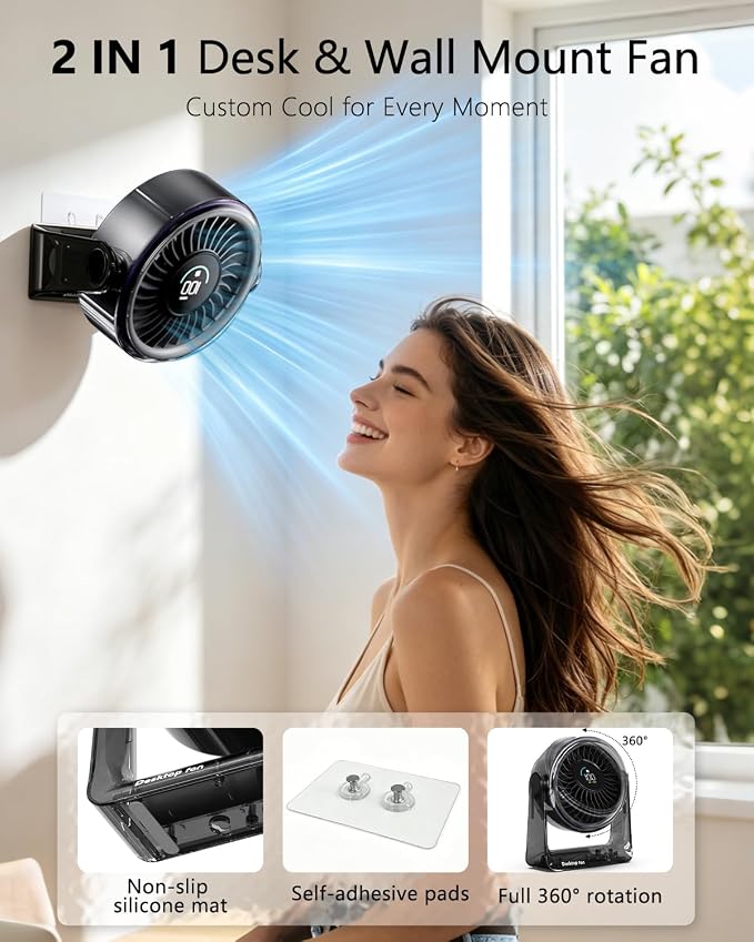 USB Small Quiet Desk Fan, Turbo Table Fan with Night Light, 6 Speeds Digital Display, 360° Rotation, 4000mAh Rechargeable Battery Air Circulator Desktop Fan for Bedroom Home Office, Black - Image 3