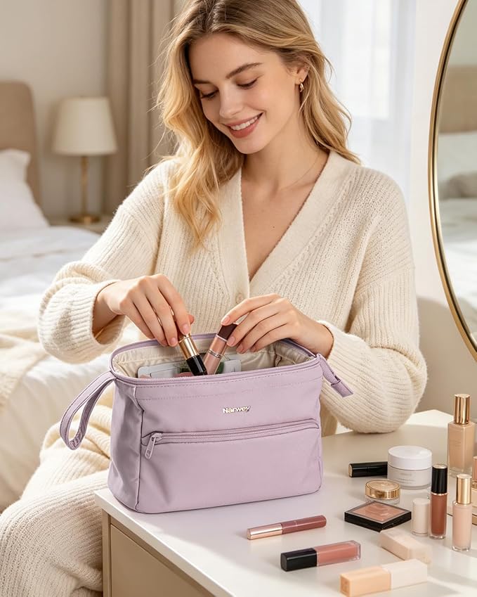 Narwey Large Travel Makeup Bag For Women Girls, Wide Open Cosmetic Bag, Portable Toiletry Bag for Cosmetics, Toiletries, Skincare, Brushes (Dusty Pink) - Image 8