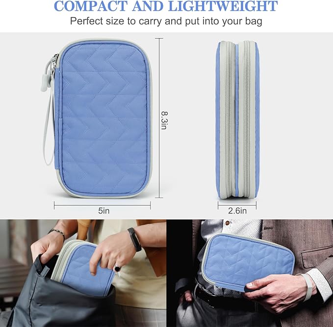 FYY Electronic Organizer, Travel Tech Pouch Bag, Medium, Blue Quilted | Wrist Strap, Waterproof, Double Layers Portable Electronics Travel Carrying Case for Cord, Charger, Daily Business Trips Use - Image 2
