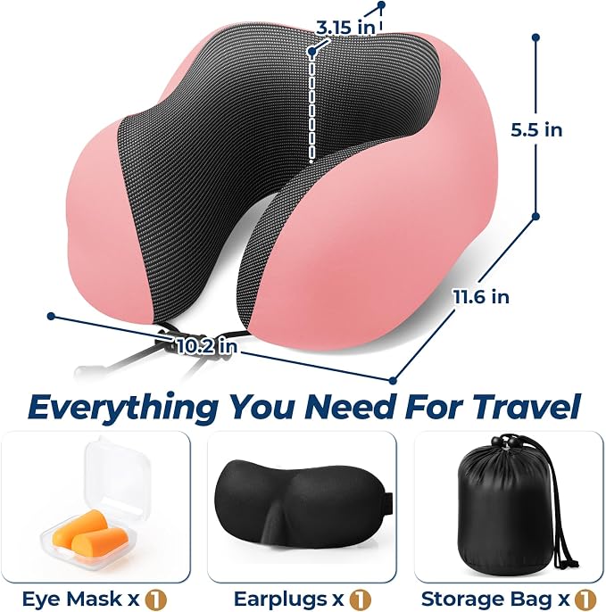 ExploreBliss Travel Pillow, Memory Foam Neck Pillow Airplane, Pink | Travel Pillows for Airplanes, Neck Pillow Airplane, Memory Foam Neck Pillow Set with Eye Mask, Earplugs - Image 2