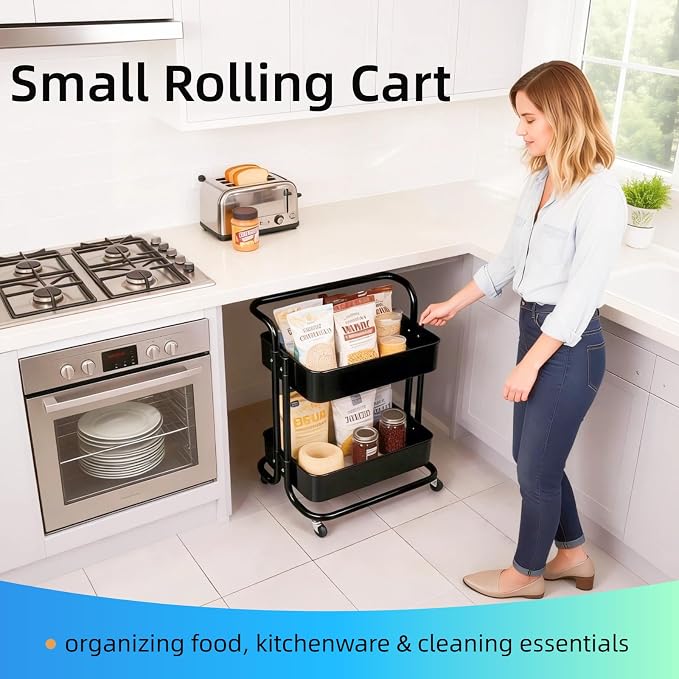 2 Tier Rolling Utility Cart with Wheels All-Metal Short Pantry Cart Under Desk Storage Trolley with Handle, Small Rolling Storage Shelf for Small Space Kitchen Laundry Room Bathroom, Black - Image 8