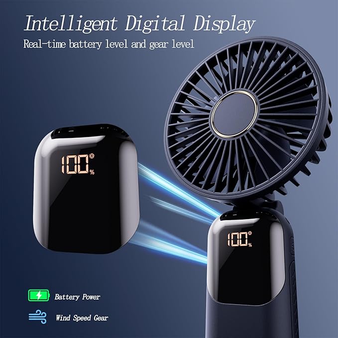 GOCKERA Portable Fan, 4200mAh Battery Operated Fan, 5 Speeds&Digital Display, Makeup Fans for Women with Base, 180°Foldable 3in1 Handheld/Neck/Desk Fan for Outdoor Indoor,Ultra Quiet (Blue) - Image 4