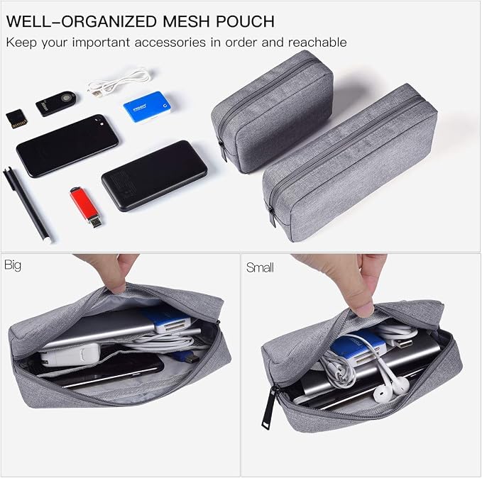 Portable Electronics Accessories Storage Bag, 2PCS Big + Small Carrying Case Travel Cable Organizer Cosmetic Bag Pouch Compatible Hard Drive, Power Bank, Mouse, Laptop Charger, Cellphone, Gray - Image 3
