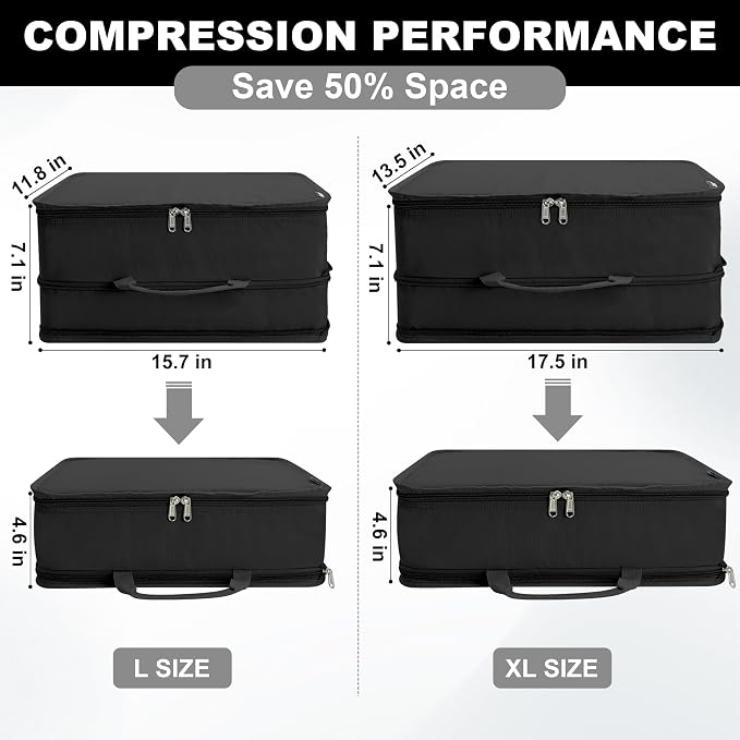 Compression Packing Cubes Travel Packing Suitcase Organizer Bags, Black | Heavy Duty Expandable Travel Cubes for Packing Luggage Organizer Bags Compression Bags for Travel Essentials - Image 2