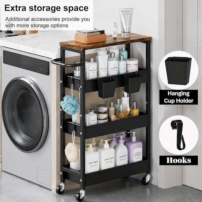 4 Tier Slim Rolling Storage Cart with Wheels for Between Washer and Dryer | Metal Narrow Kitchen Cabinet, Laundry Room Organization and Storage Shelf, 8In Skinny Detergent Organizer for Small Space - Image 6