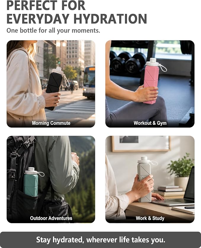 BEAUTAIL Collapsible Water Bottles 21oz/610mL, Silicone Travel Water Bottle | BPA Free, Leakproof & Reusable, Foldable Water Bottle for Traveling, Hiking, Gym, School, Sports, Outdoor, 1-Pack, Starlight - Image 6