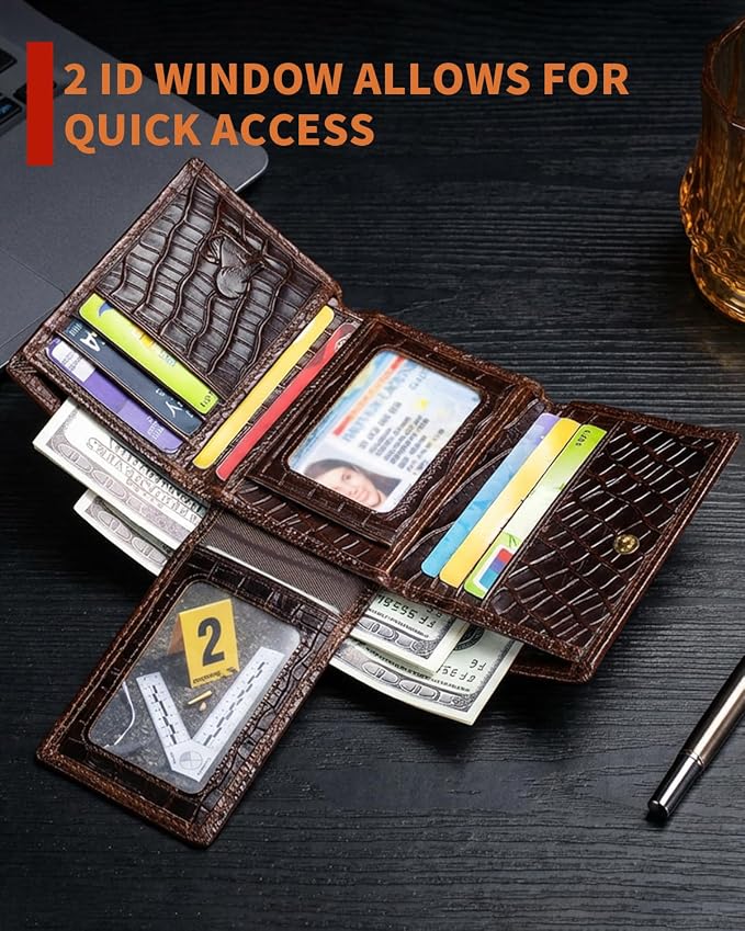 STEELLION Men's Trifold Wallet, Cowhide, 13 Card Slots, ID Window, RFID | Croc-embossed cowhide with a removable chain; practical organization for office, travel, and everyday carry (Coffee) - Image 5