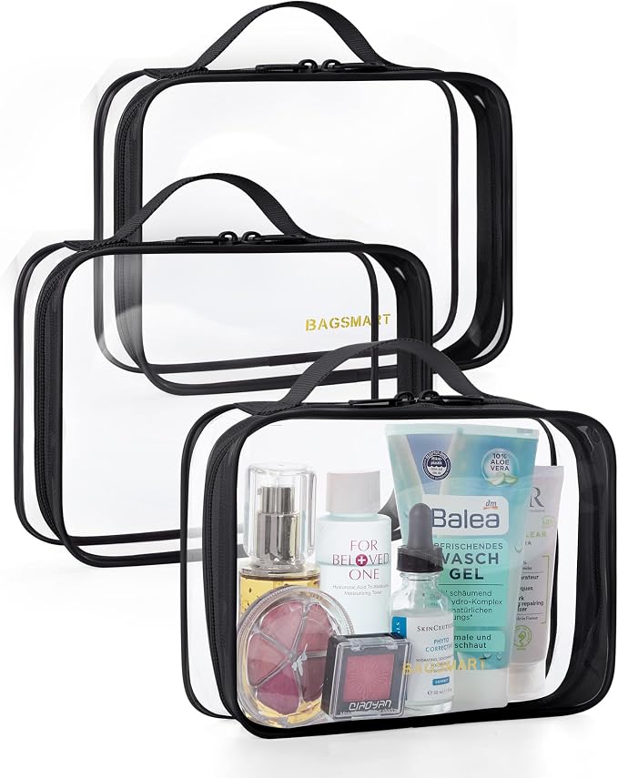 BAGSMART Clear Toiletry Bag with Handle 3-Pack TSA Approved, Black | Water-resistant Travel Toiletry Bag, Carry On Travel Accessories Bag, Airport Airline Quart Size Bags Women Men, Makeup Bag by BAGSMART