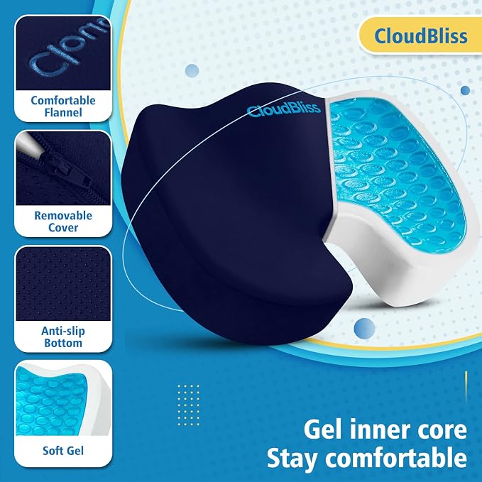 CloudBliss Gel Memory Foam Seat Cushion for Long Sitting, Large, Blue | Gel Chair Pad for Tailbone, Coccyx, Sciatica , Soft Suede Cover, Non-Slip , Washable Mesh, for office, home, car - Image 3