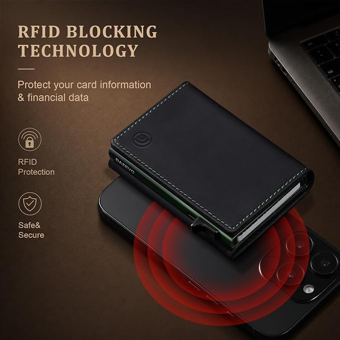 Wallet for Men Full Grain Leather Wallet with 2 ID Windows RFID Blocking Trifold Pop Up Credit Card Holder Wallet 9-11 Cards Slim Minimalist Genuine Leather Wallet for Men-Black Green - Image 4