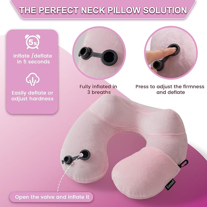 Keemall Inflatable Travel Neck & Shoulder Pillow for Airplanes&Long Trips | Soft Luxury Velvet Neck Support with Washable Cover, for Flights, Camping & Office, Great Travel Gift for Women & Girls, Pink - Image 2