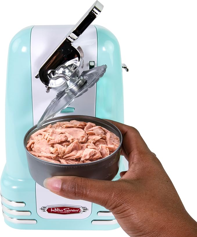Nostalgia Retro Electric Can Opener for Kitchen with Magnetic Lid Remover, Knife Sharpener, and Soda or Beer Bottle Opener, Aqua - Image 7
