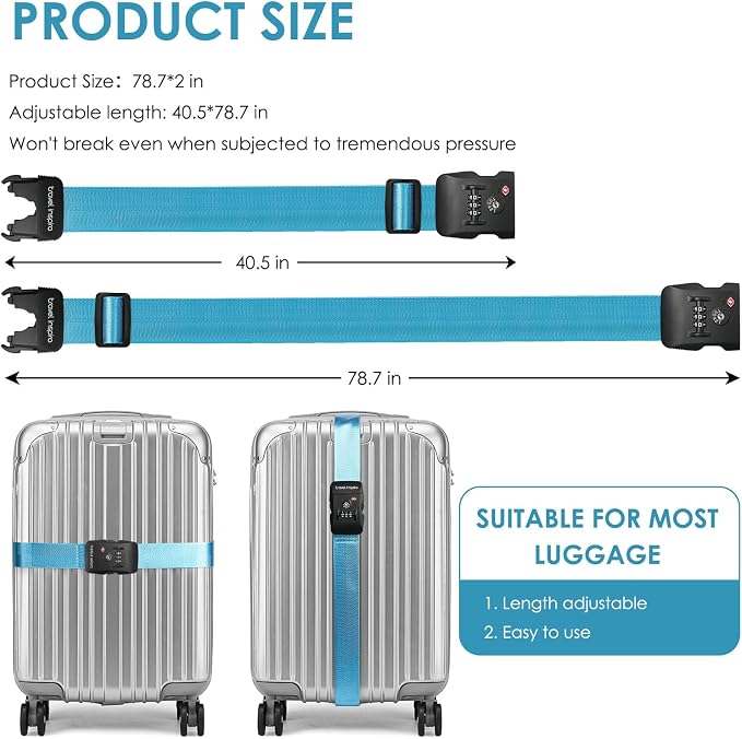 Travel Inspira Heavy Duty Luggage Straps with TSA Lock | Anti-Burst Protection; High Visibility Blue; TSA-Lock Belt with Tag; Adjustable 103-200cm; 20-28 Inch Bags; Anti-Burst - Image 7