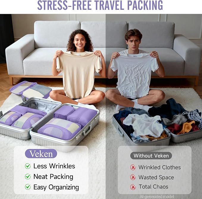 Veken 10 Set Packing Cubes for Travel Essentials,Anti-Wrinkle Buckled Suitcase Organizer for Shoe & Toiletry Bag,Carry On Luggage Bag with 99+ Count Mesh Holes for Airplane & College Dorm Accessories - Image 8