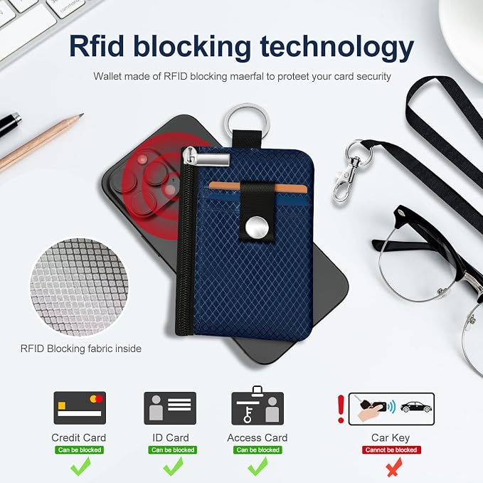 Minimalist RFID Blocking Small Wallet with ID Window,WaterResistant Zip Id Case Wallet with Lanyard Keychain for Cards,Cash,Travel,Women,Men (Dark blue) - Image 4