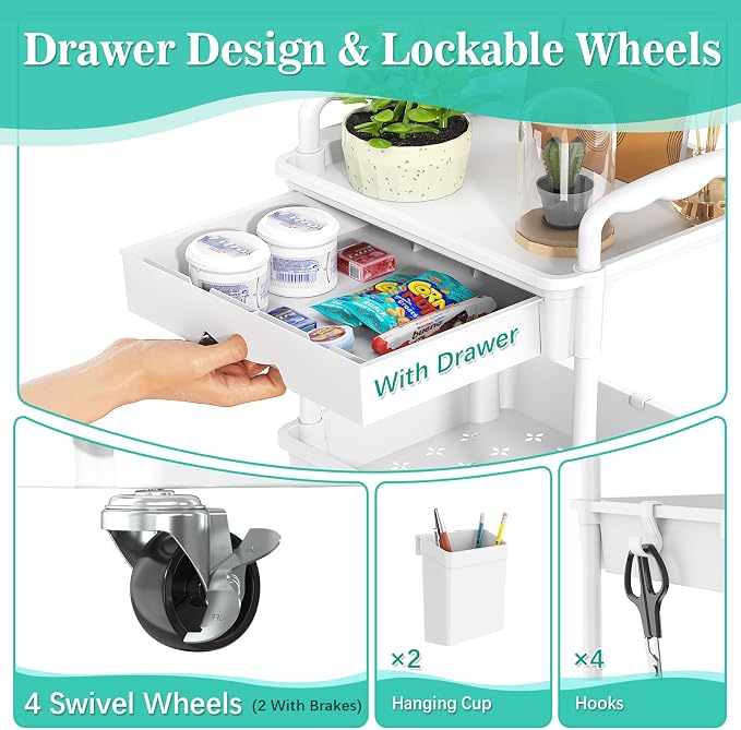 SUNALLY 4 Tier Rolling Cart with Drawer, Craft Storage Cart Organizer,White | Bathroom Storage Organizer with 2 Lockable Wheels, Rolling Utility Cart for Kitchen, Office, Baby, Makeup, Nail,Snack,Laundry - Image 3