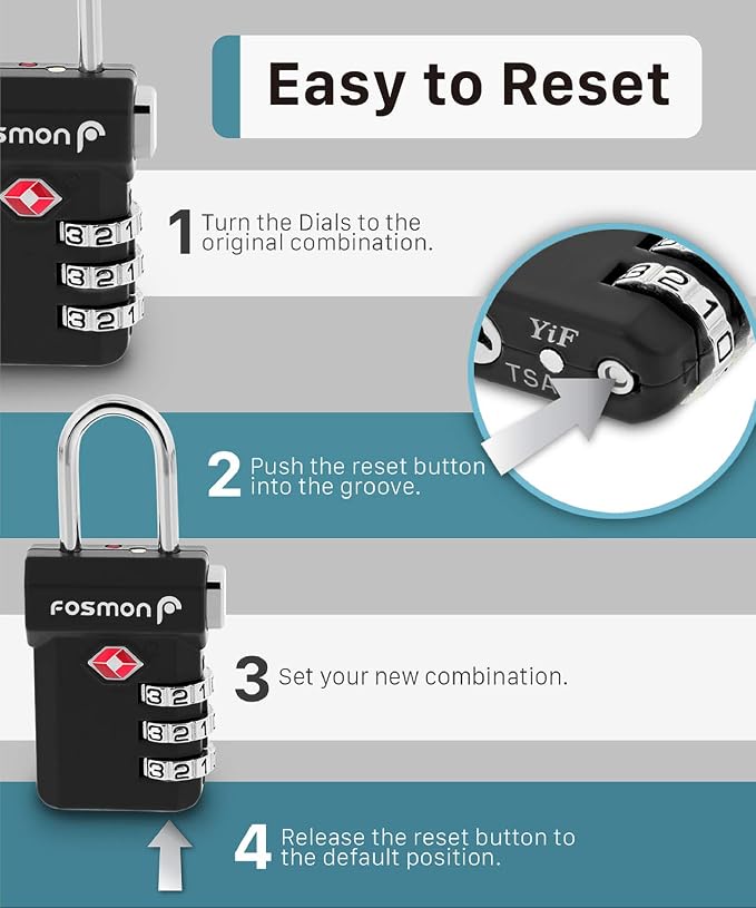 Fosmon TSA Approved Luggage Locks, 3 Digit Combination, 2 Pack Black | Push Release Button, Extra Security, Suitcase Travel Lock, Backpack Zipper Anti Theft, Gym Locker Gun Case Lock - Image 7
