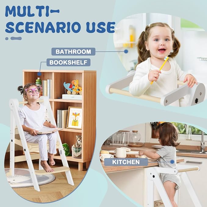 Foldable Toddler Kitchen Stool Helper with 3 Adjustable Heights,Aged 1-6 | CPSC Test,Wooden Collapsible Toddler Tower with Safety Rails&Feet,Wide Pedal,for Kitchen Cooking, Baking or Washing Hands - Image 7