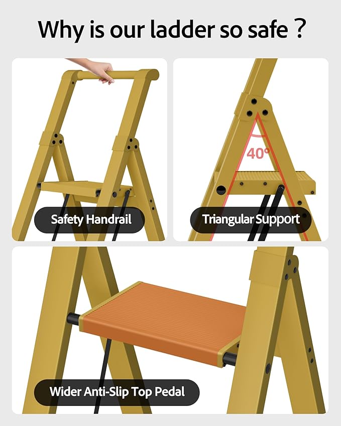 Taranta 3 Step Ladder,Aluminum Step Stool Foldable-Twilight Yellow | Lightweight Folding Ladder with Handgrip,Wide Top Pedal,330lbs Capacity Stepladder for Home,Office,Kitchen - Image 3