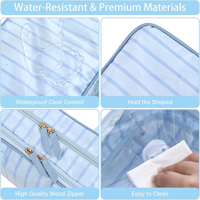 Toiletry Bag for Women, Blue Stripe | Clear Coated,Waterproof,Multiple Compartment,Open Flat,Handle,Travel Organizer for Shampoo,Conditioner,Cosmetic Accessories - Image 3
