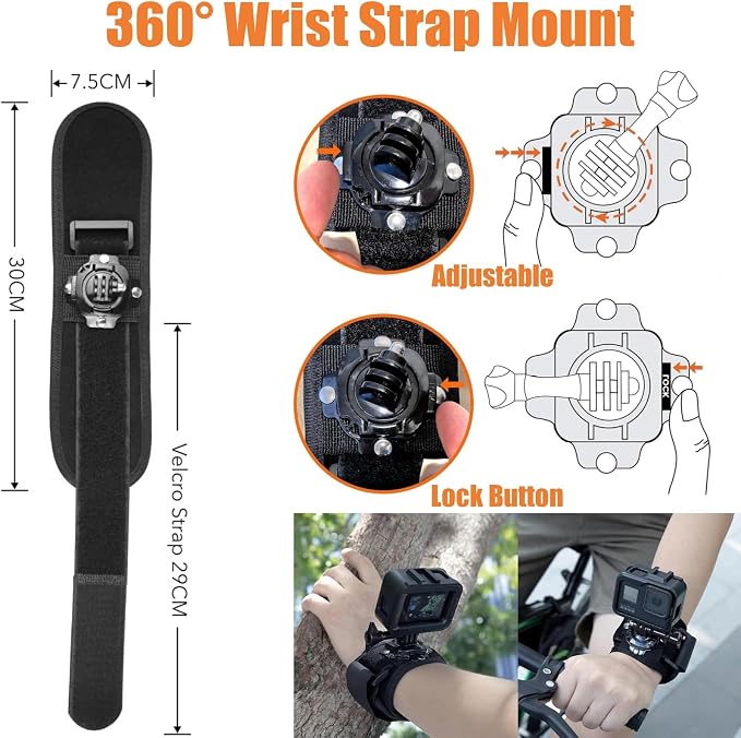 4 in 1 Universal Accessories Kit for Action Camera, Chest Strap Harness, Head Strap Mount, 360° Rotating Wrist Strap Mount and Backpack Clip Holder, Adjustable Action Camera Accessories Kit - Image 5