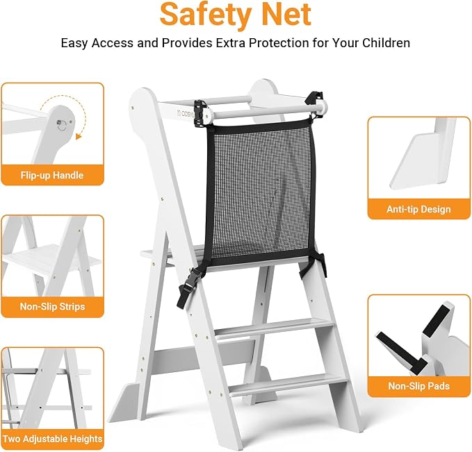 COSYLAND Foldable Toddler Kitchen Stool Helper - Height Adjustable Kitchen Standing Tower for Bathroom Sink or Counter - Step Stool for Toddlers Ages 18 Months to 6 Years White - Image 3